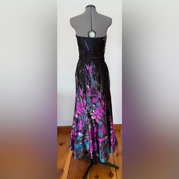 Vintage black with pink, gray, and teal flowers, strapless maxi dress. Size 8